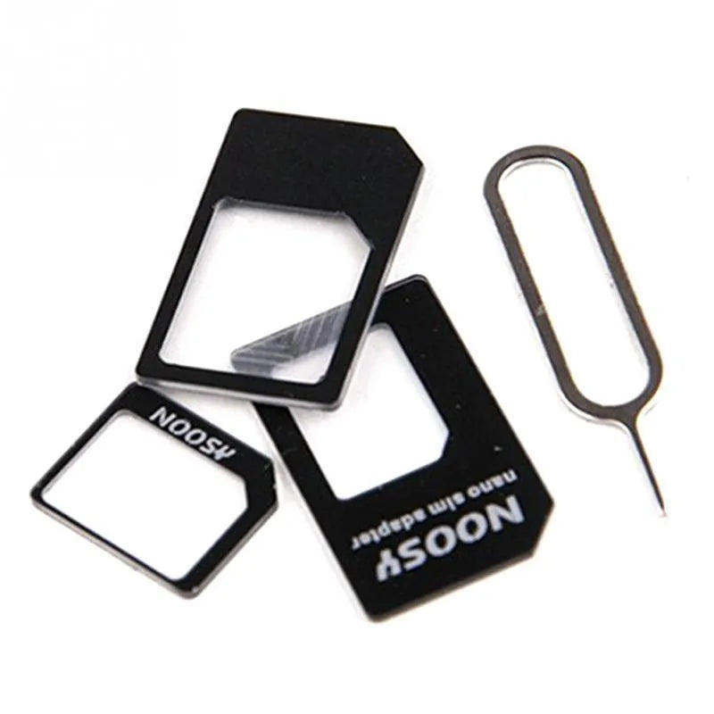 Three-piece SIM card adapter kit with storage case showing standard, micro and nano adapters