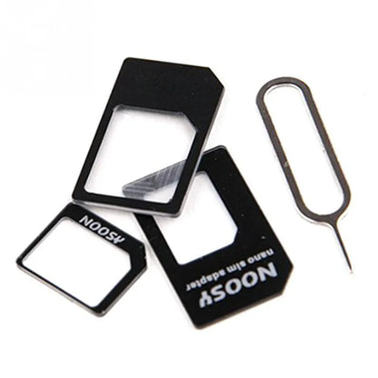 Three-piece SIM card adapter kit with storage case showing standard, micro and nano adapters