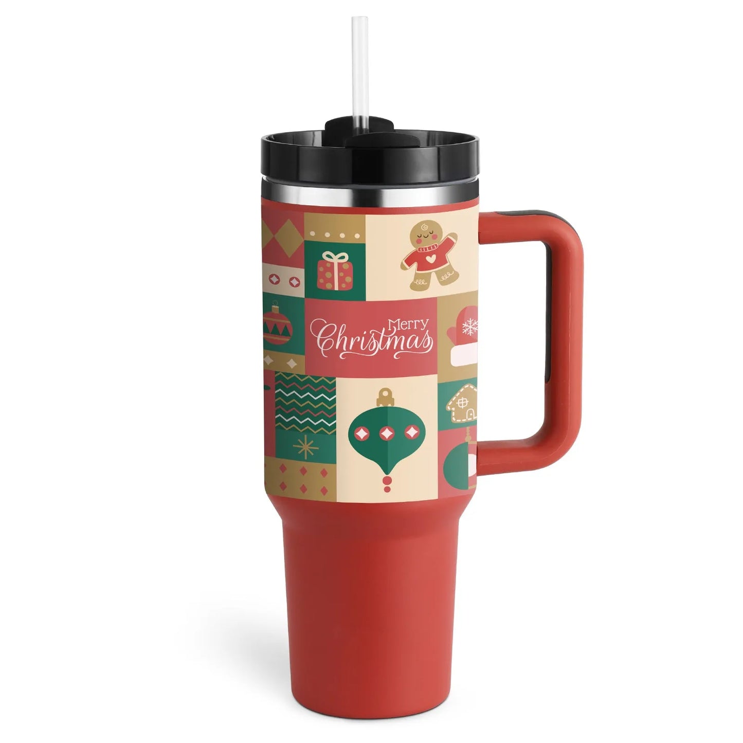 40oz stainless steel tumbler with handle and straw in various colour options showing tapered shape and spill-proof lid