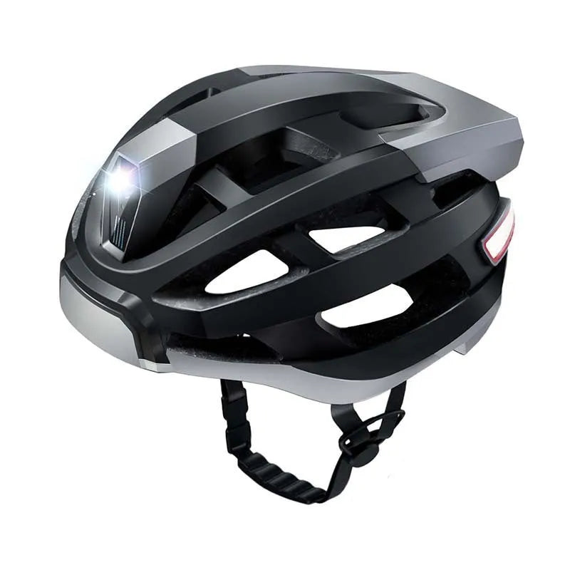 Black and grey adult cycling helmet with integrated Bluetooth warning light on the rear.