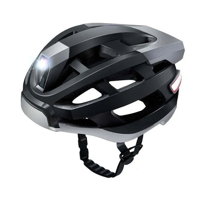 Black and grey adult cycling helmet with integrated Bluetooth warning light on the rear.