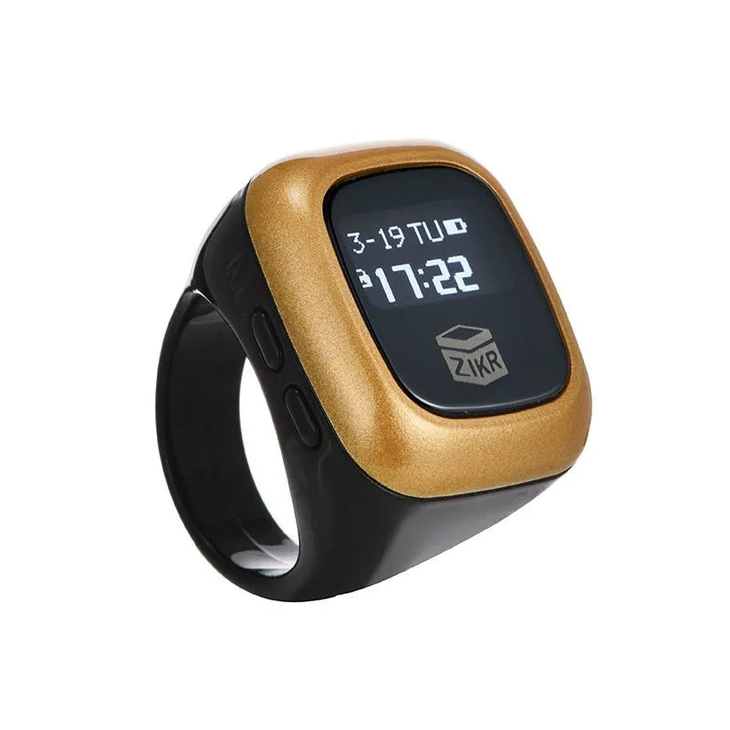Al-Fatiha black digital wrist counter with display screen showing numbers, on a wrist.
