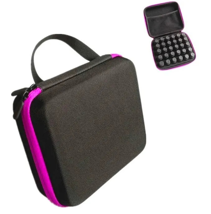 Red cube-shaped EVA essential oil storage bag with 30 compartments, shown mounted on a wall.