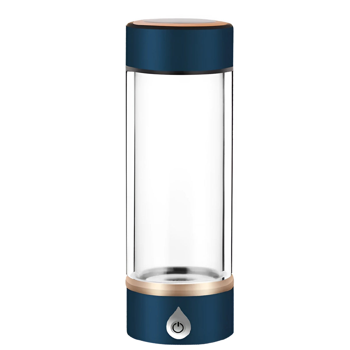 Portable hydrogen water ionizer bottle with high borosilicate glass cup in silver finish.