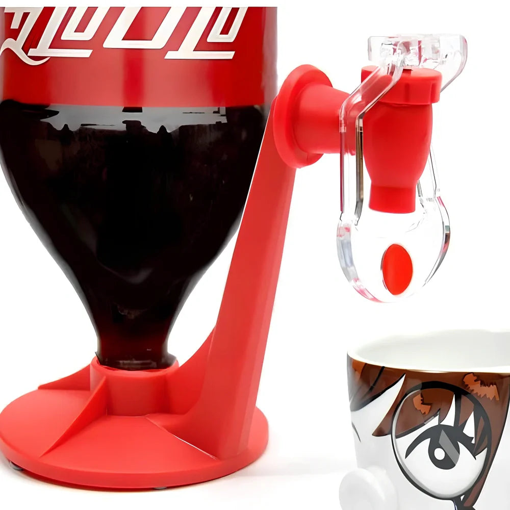 Red automatic soda dispenser gadget attached to beverage bottle for hands-free pouring