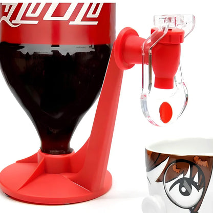 Red automatic soda dispenser gadget attached to beverage bottle for hands-free pouring