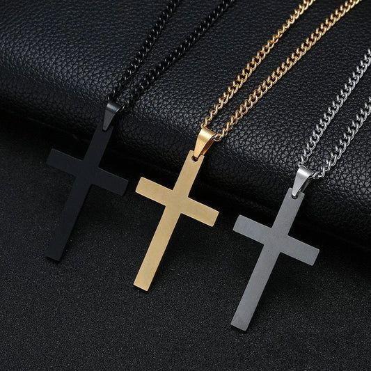 Stylish Stainless Steel Cross Pendant Necklace for Men - Available in Black, Silver, and Gold
