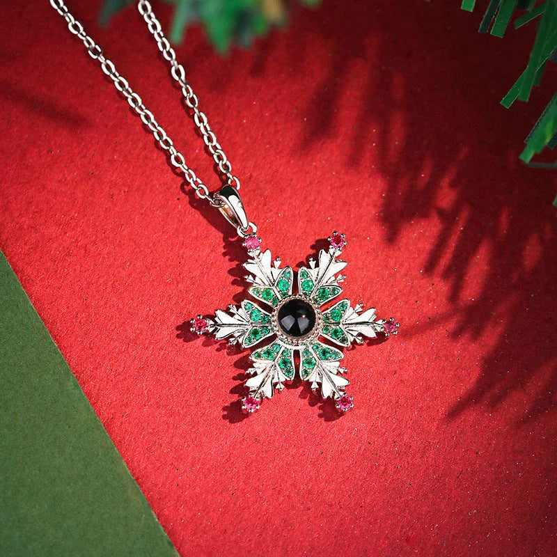 Shimmering copper snowflake necklace with projection design, creating a mesmerizing holiday accessory