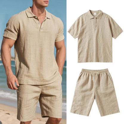 Men's light blue linen-blend short sleeve shirt and matching shorts casual summer suit set