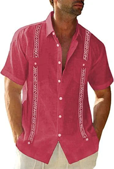 Men's short sleeve casual guayabera shirt in vibrant colors, featuring intricate pintuck pleating for a classic Cuban-inspired look