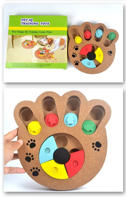 Wooden dog puzzle toy in bone type, paw print, and square styles for feeding and play