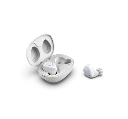 Black and white M18 true wireless in-ear headphones with a small rectangular charging case.