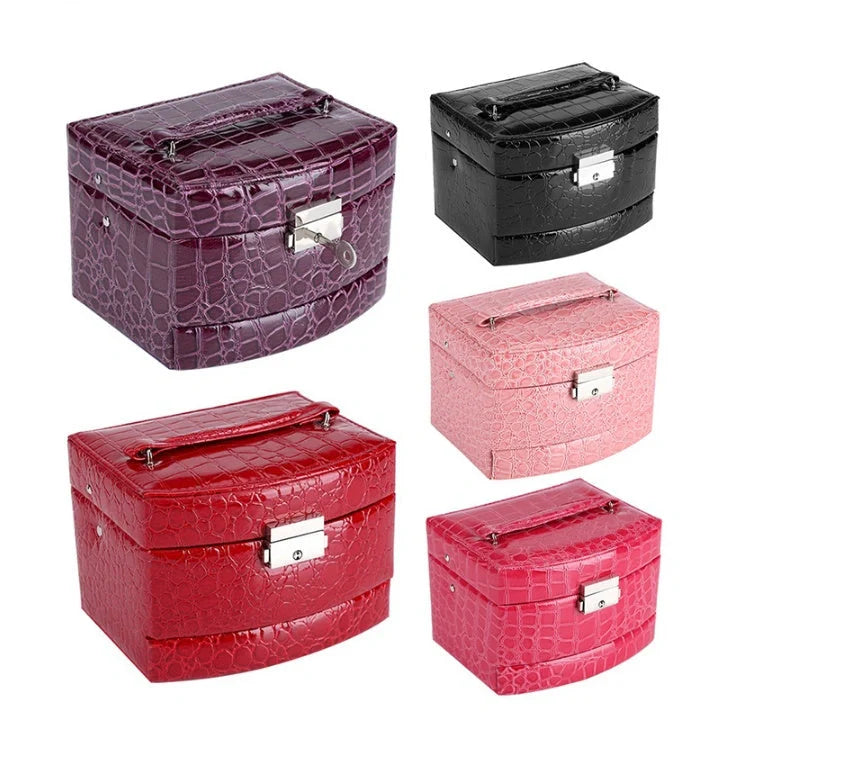 3-layer leather jewellery and makeup storage box with mirror, available in five colours