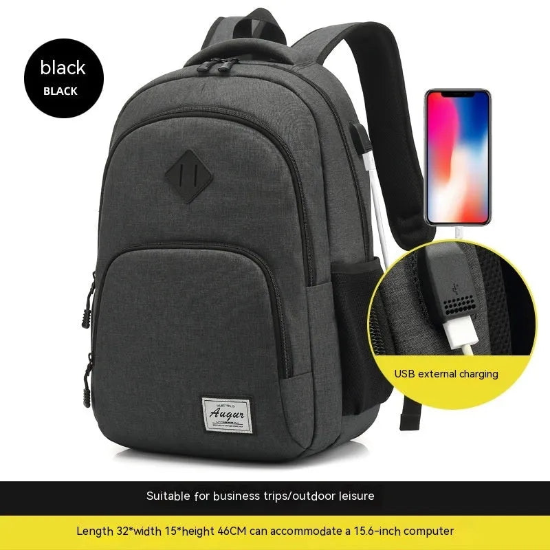 Grey lightweight backpack with USB charging port on shoulder strap.
