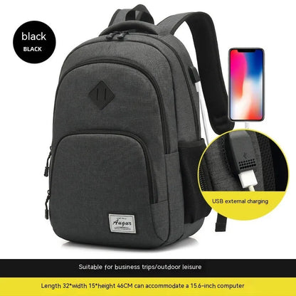 Grey lightweight backpack with USB charging port on shoulder strap.