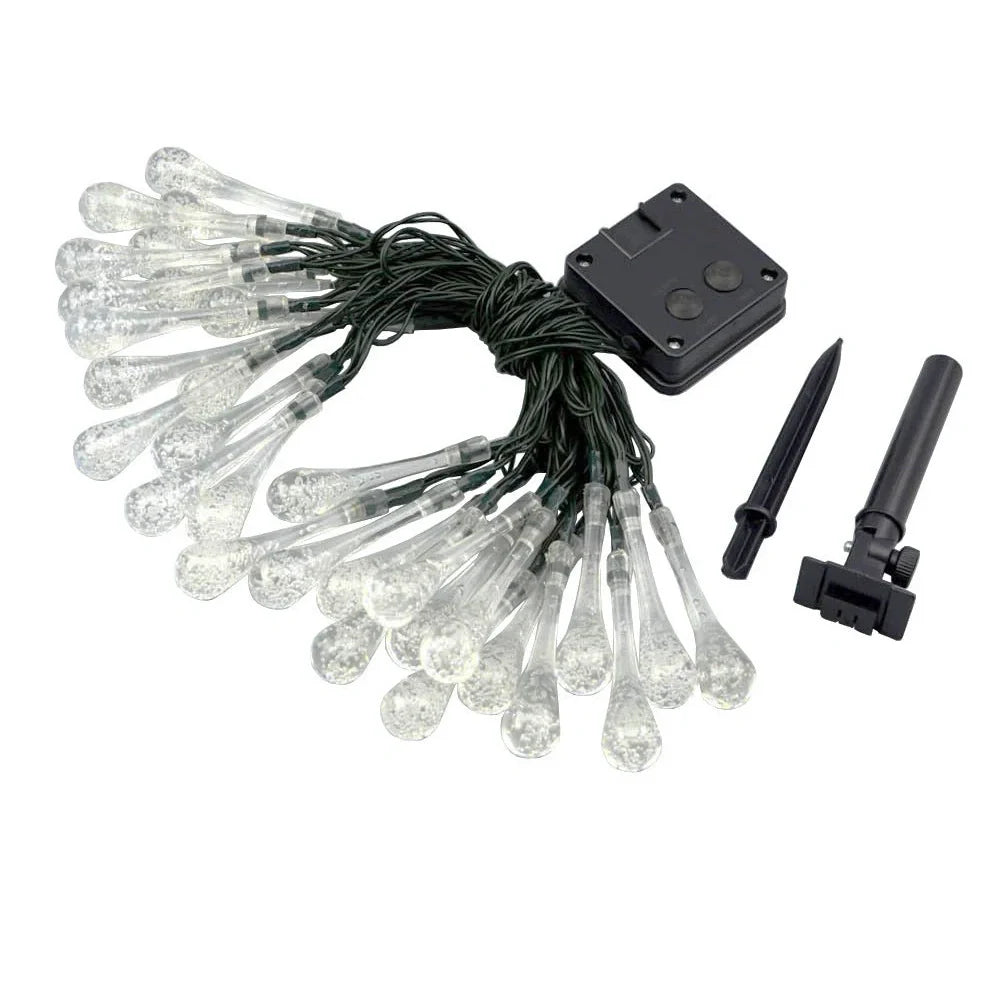 30 LED solar water drop string lights, 6.5m waterproof with 2x8cm ABS pendants and ground spike for gardens