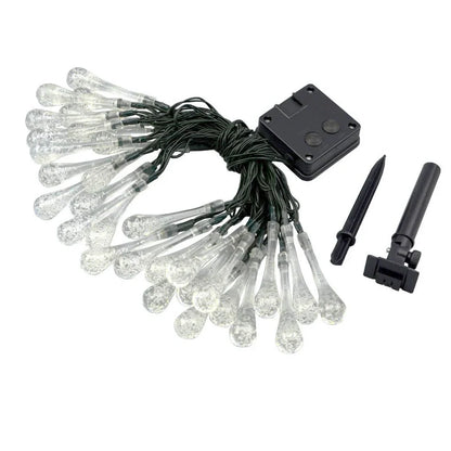 30 LED solar water drop string lights, 6.5m waterproof with 2x8cm ABS pendants and ground spike for gardens