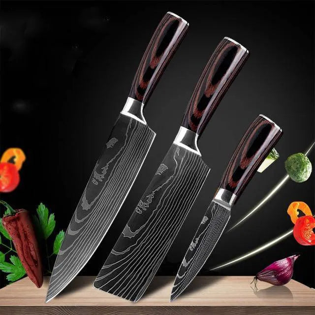 Professional chef knife with laser-etched Damascus pattern on 7Cr17 steel blade and coloured wood handle.
