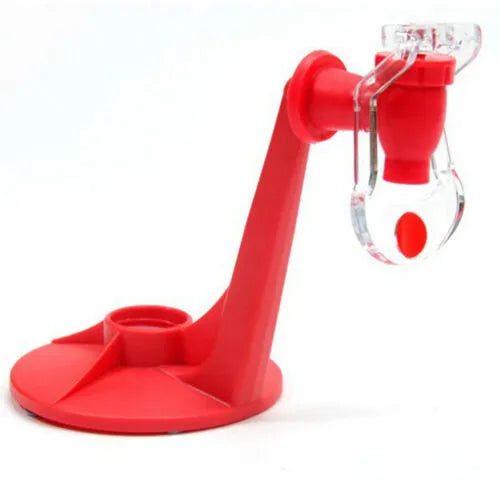 Red ABS plastic soft drink dispenser mounted on inverted beverage bottle