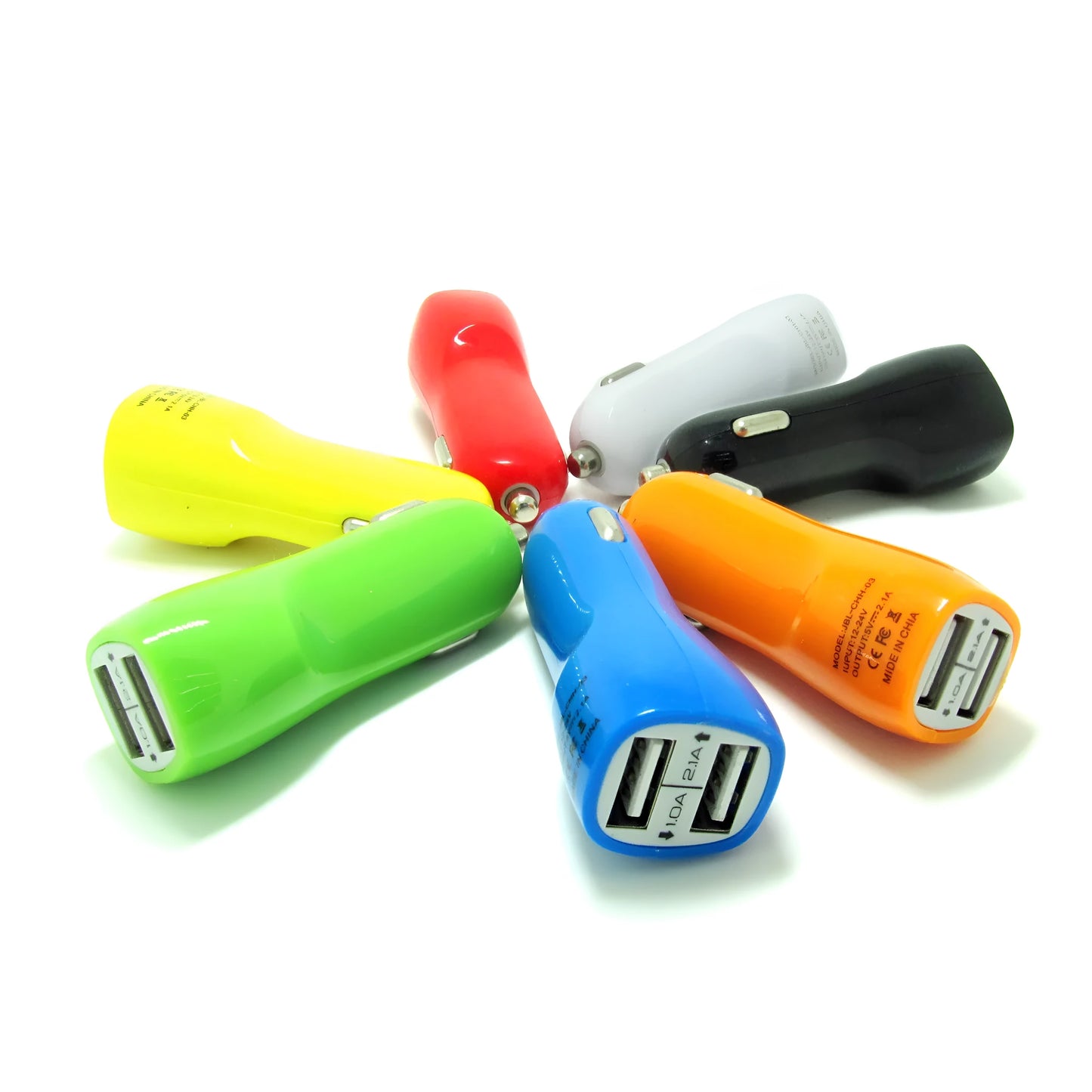 Duckbill‑shaped dual USB car charger with blue LED light, glossy black finish