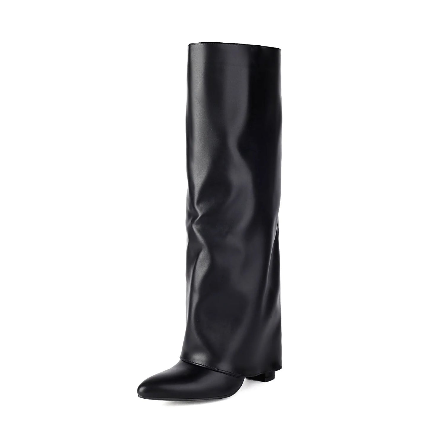 Women's plus size thick high heel boots in white, black and pink colours with sewing line detailing