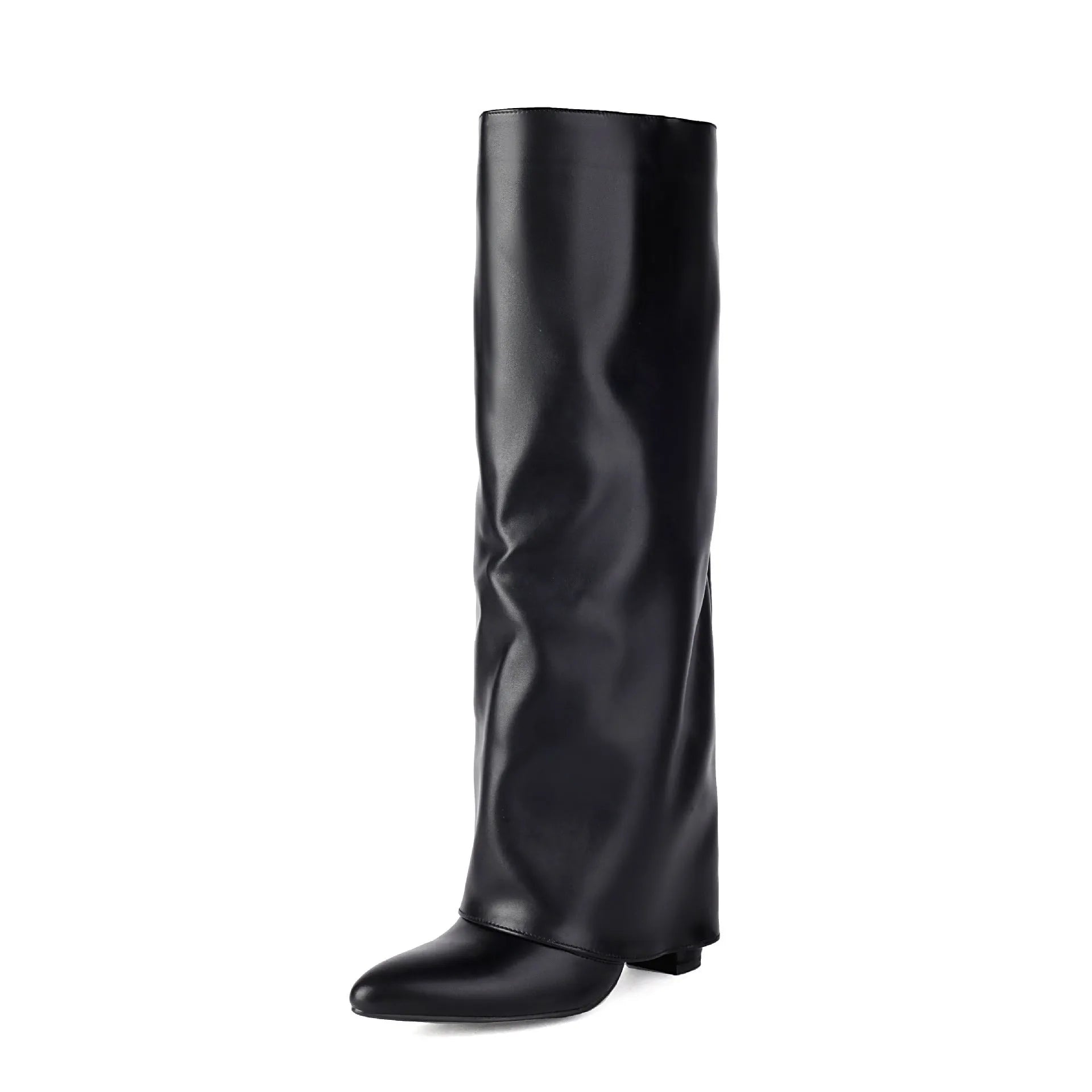 Women's plus size thick high heel boots in white, black and pink colours with sewing line detailing