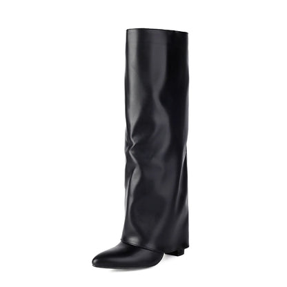 Women's plus size thick high heel boots in white, black and pink colours with sewing line detailing