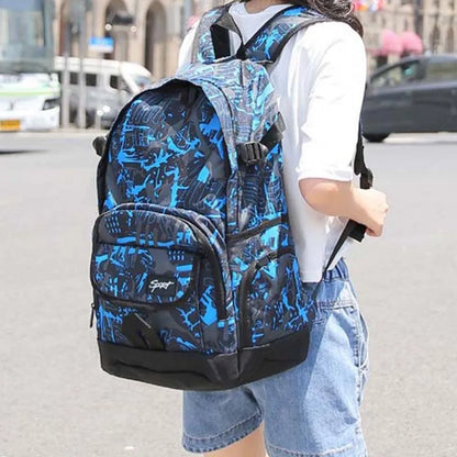 Blue nylon backpack showing front organisational pockets, side water bottle holder, and adjustable shoulder straps