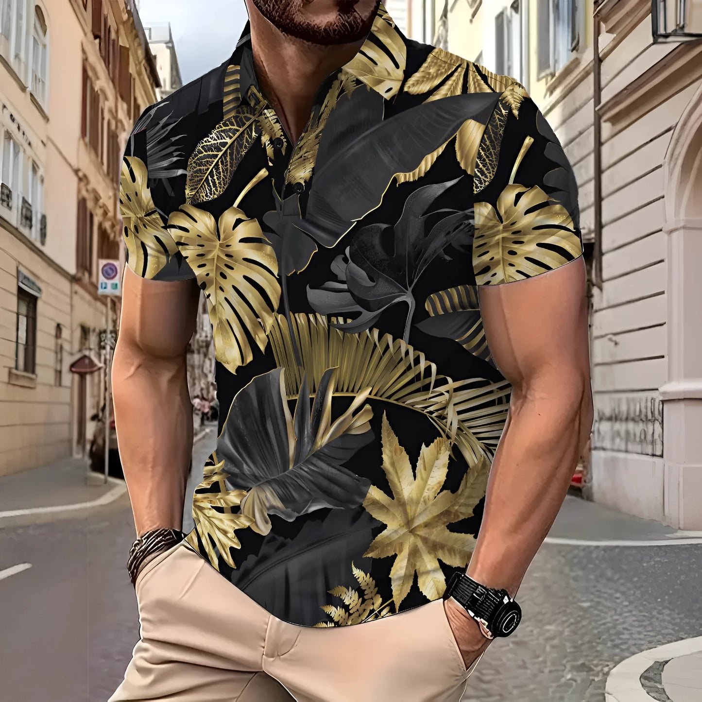 Men's gold tropical plant pattern short sleeve shirt laid flat showing print detail