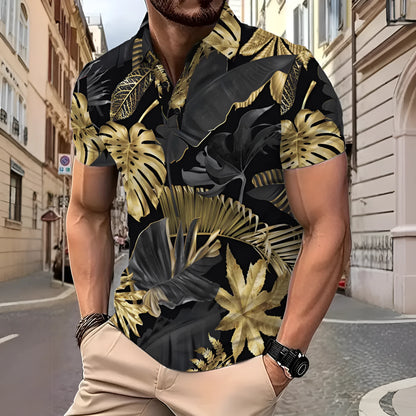 Men's gold tropical plant pattern short sleeve shirt laid flat showing print detail