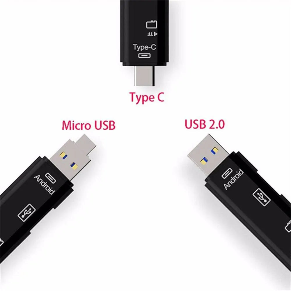 Black USB-C OTG hub adapter with Micro USB input, a USB port, and a microSD card slot on a white background.