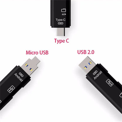 Black USB-C OTG hub adapter with Micro USB input, a USB port, and a microSD card slot on a white background.
