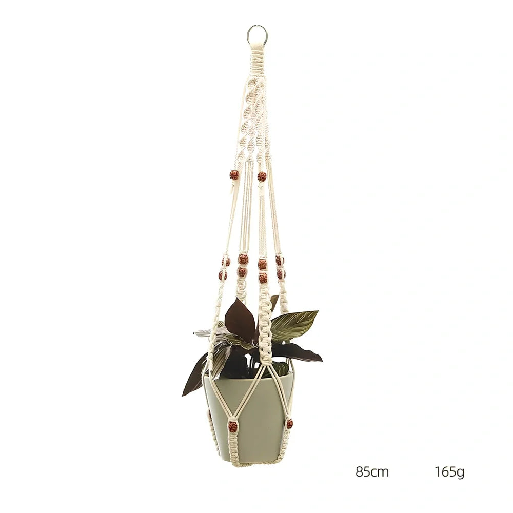 Hand-knitted cotton flowerpot net bag showing intricate pattern and hanging installation with plant