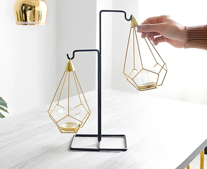 Geometric wrought iron candle holder with angular design, 25cm height and 15cm base diameter