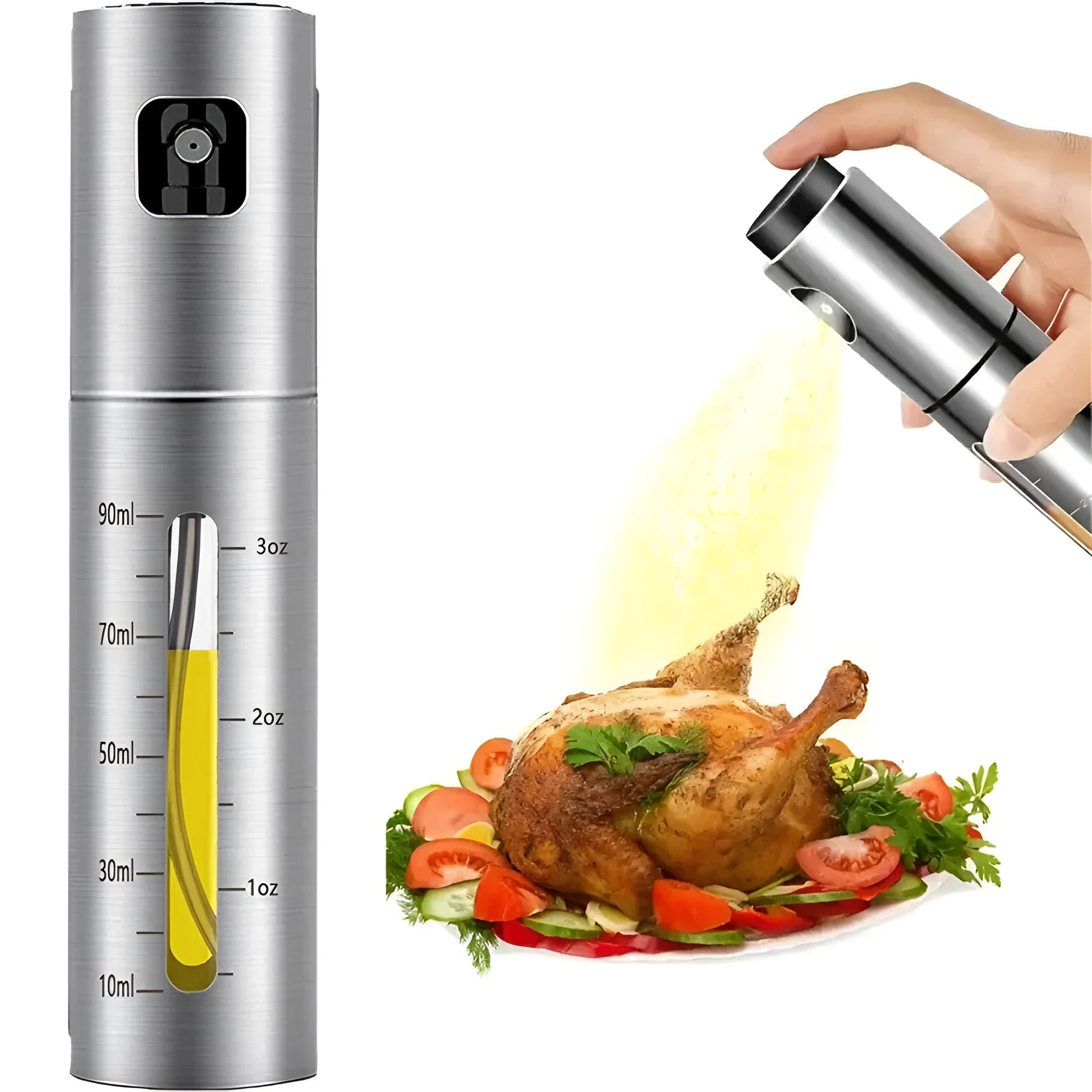 Glass oil spray bottle with stainless steel press cap showing 100ml capacity