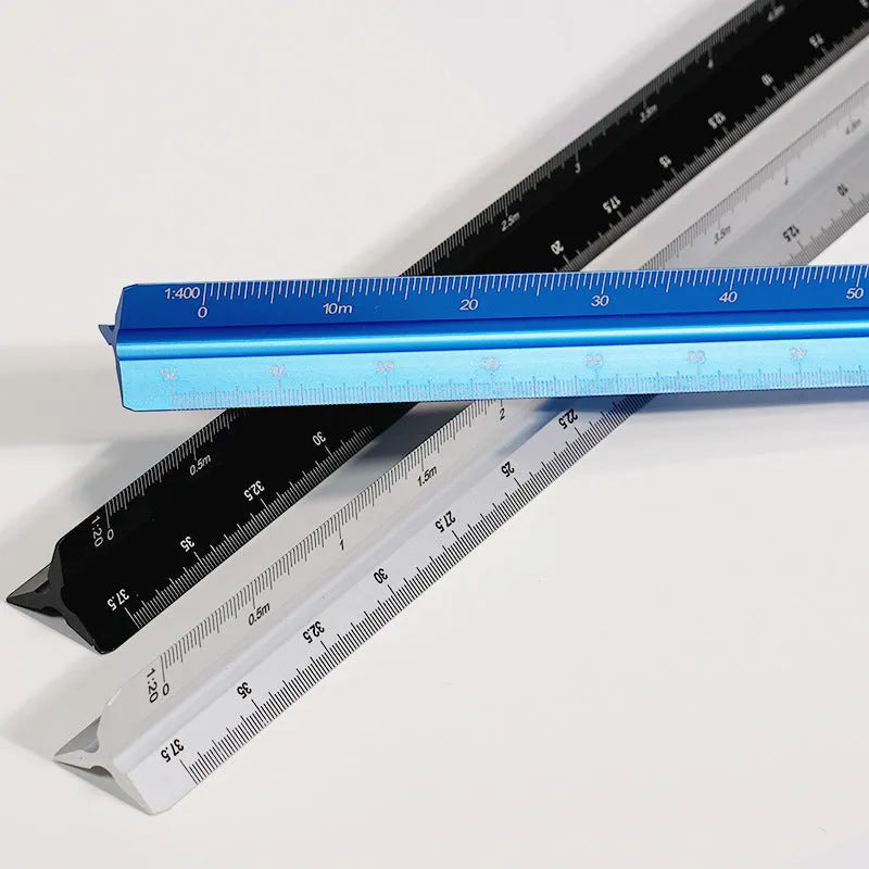30cm triangular ruler in carbon black, prism blue, star silver or walnut gold, plastic or aluminium alloy, large or small scale
