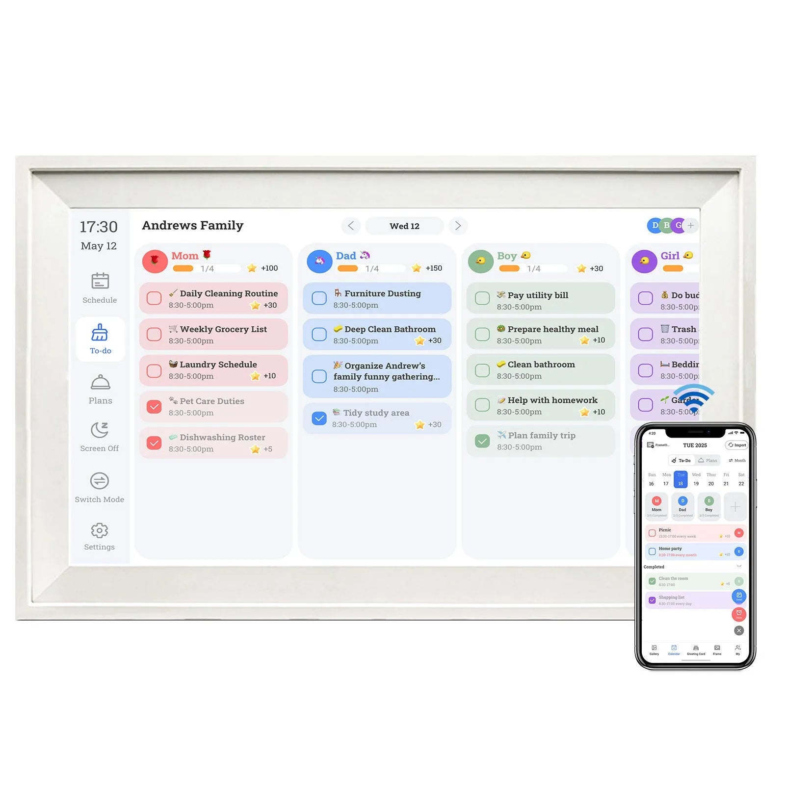 White Smart Digital Photo Frame with 15.6 inch screen displaying a family photo, shown on a wooden shelf.