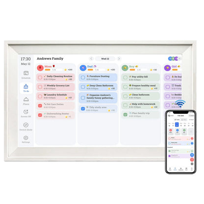 White Smart Digital Photo Frame with 15.6 inch screen displaying a family photo, shown on a wooden shelf.