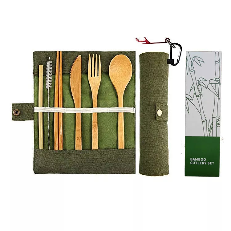 Bamboo straw set with knife, fork, spoon, chopsticks, and cleaning accessories