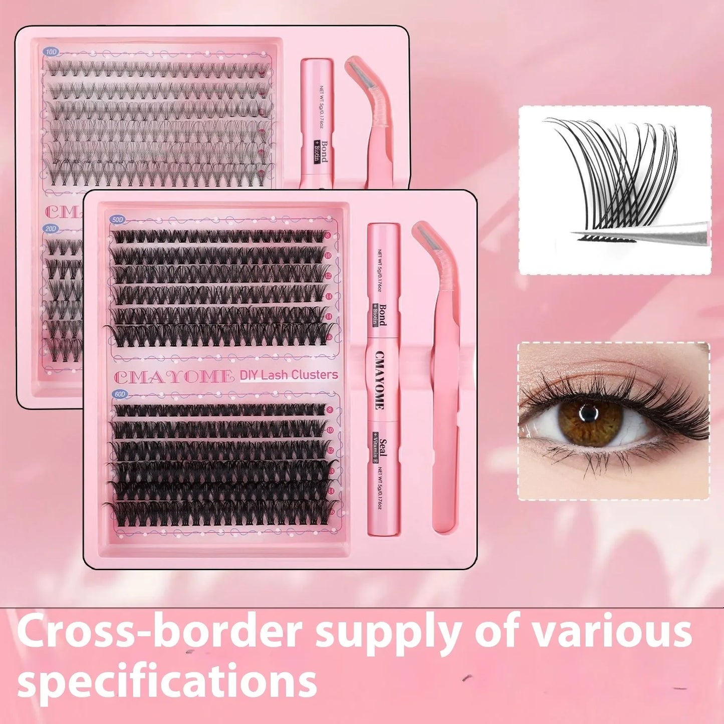 DIY single cluster false eyelashes set showing artificial fibre lashes in a natural thick, mixed split style.