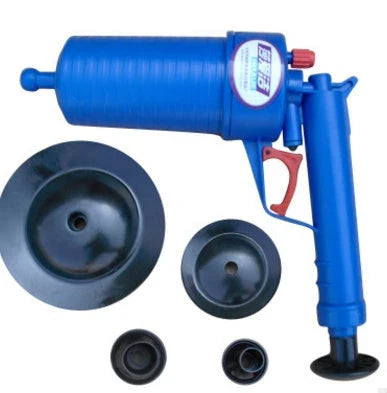 High-powered air pressure drain blaster gun with four different size adapters for clearing clogged pipes, sinks, bathtubs, and floor drains