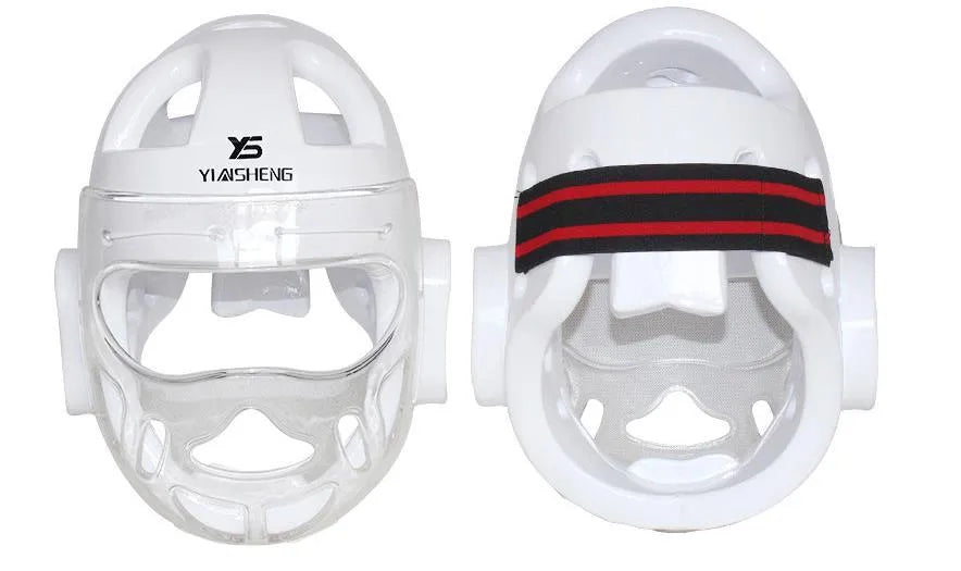 Karate helmet protective headgear in red, white or blue colours available in S, M, L, XL sizes for martial arts training.