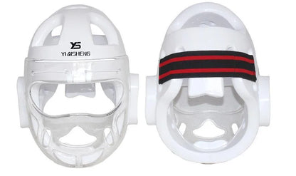 Karate helmet protective headgear in red, white or blue colours available in S, M, L, XL sizes for martial arts training.