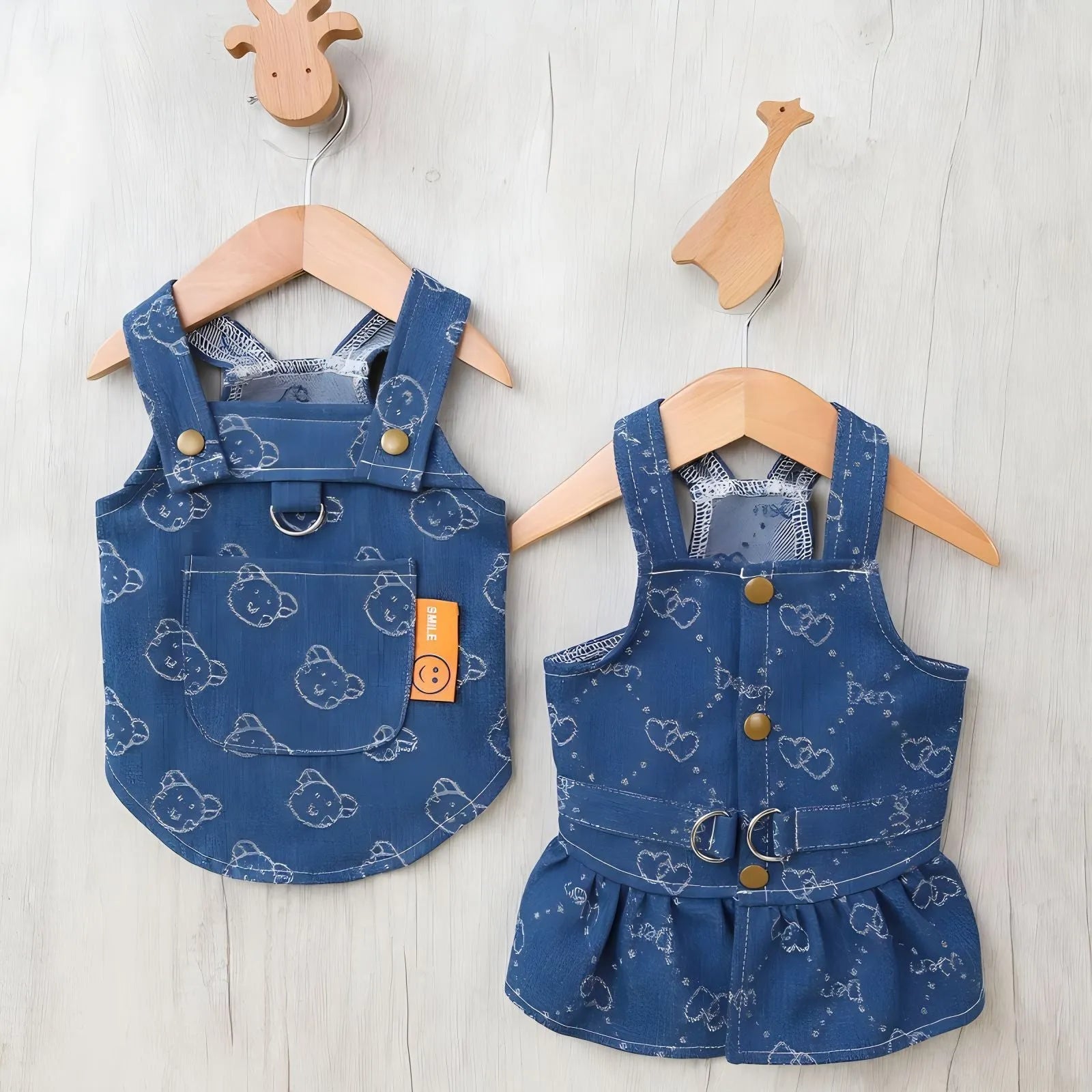 Teddy Bichon wearing denim princess dress in spring setting