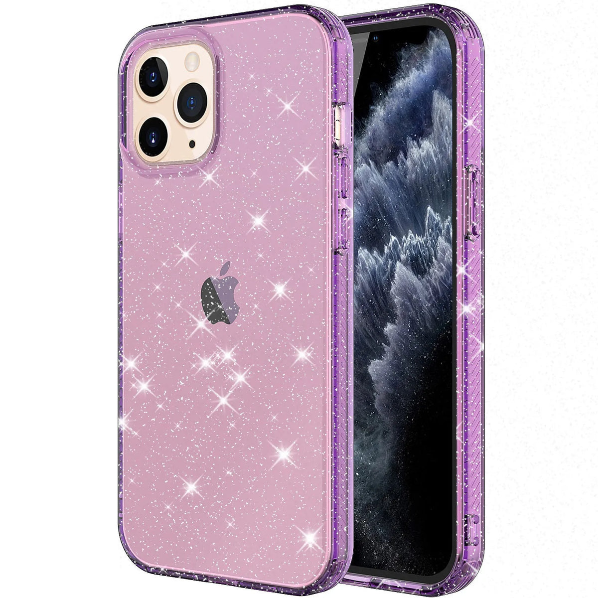 Transparent glitter TPU phone case for IPhone 12 series in pink, black, purple and clear colour options