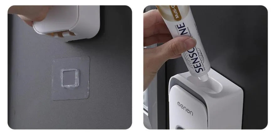 Automatic wall-mounted toothpaste dispenser in blue, grey, and pink colours with LED touch sensor.