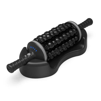 Handheld electric muscle massager in blue, grey or green colour with rolling head and multi-gear control.