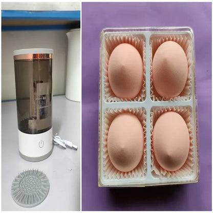 Grey and white portable electric makeup brush cleaner machine with USB charging cable