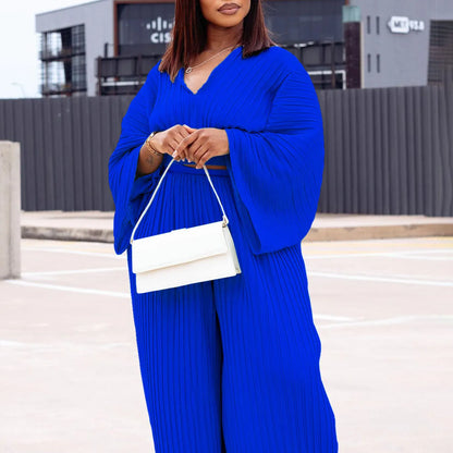 African suit two-piece set with batwing sleeve top and wide leg trousers in sapphire blue