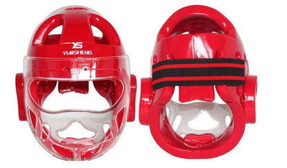Karate helmet protective headgear in red, white or blue colours available in S, M, L, XL sizes for martial arts training.